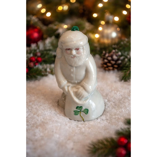 Belleek Santa Toy Bag Ornament Bell White Porcelain Shamrock  4.5" Ireland
