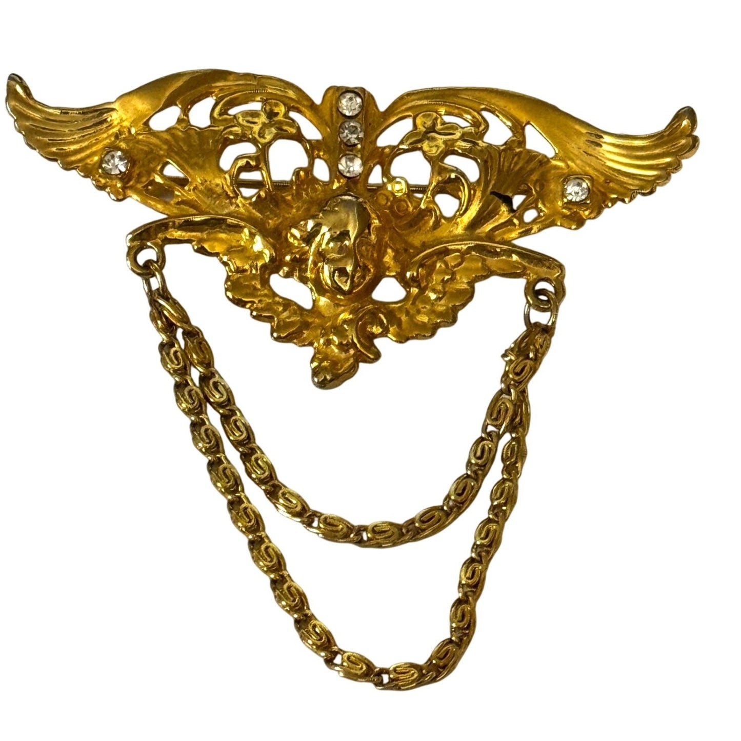 Vintage Angel Cherub Wings Brooch Gold-Tone Double Chains 3" x 3"