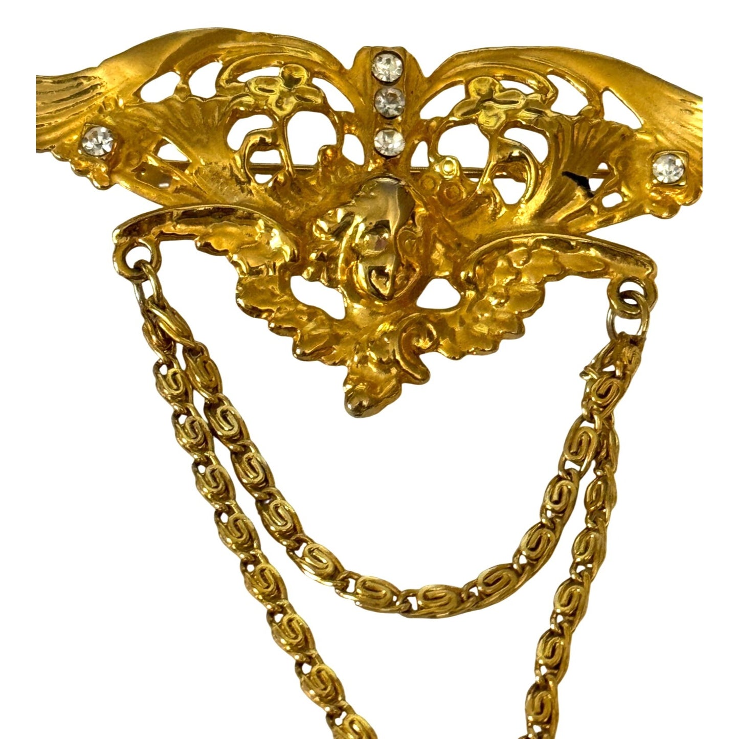 Vintage Angel Cherub Wings Brooch Gold-Tone Double Chains 3" x 3"