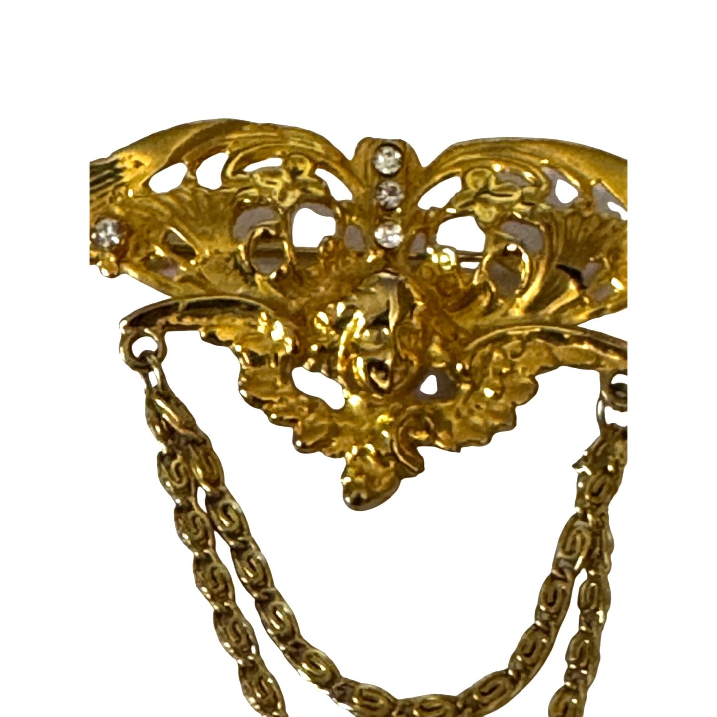 Vintage Angel Cherub Wings Brooch Gold-Tone Double Chains 3" x 3"