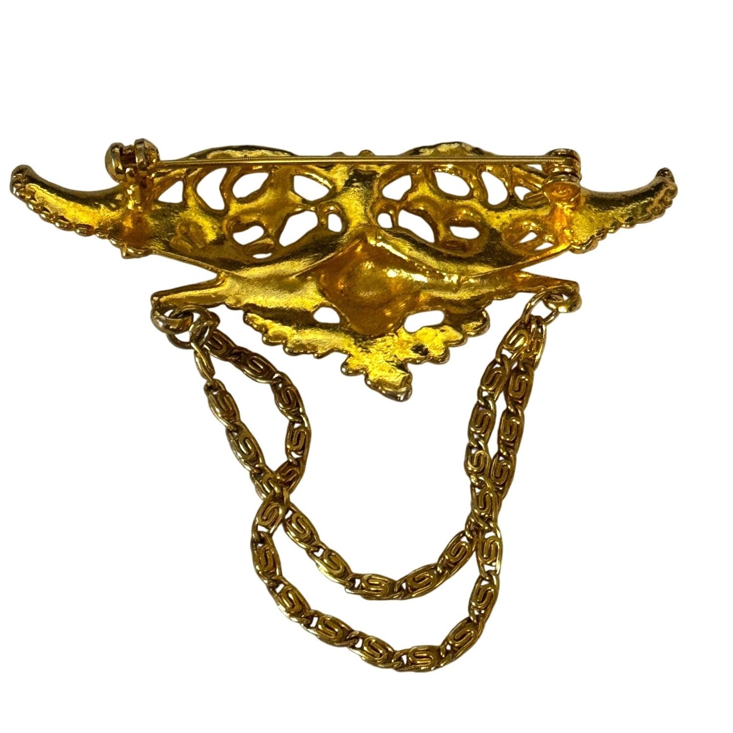 Vintage Angel Cherub Wings Brooch Gold-Tone Double Chains 3" x 3"