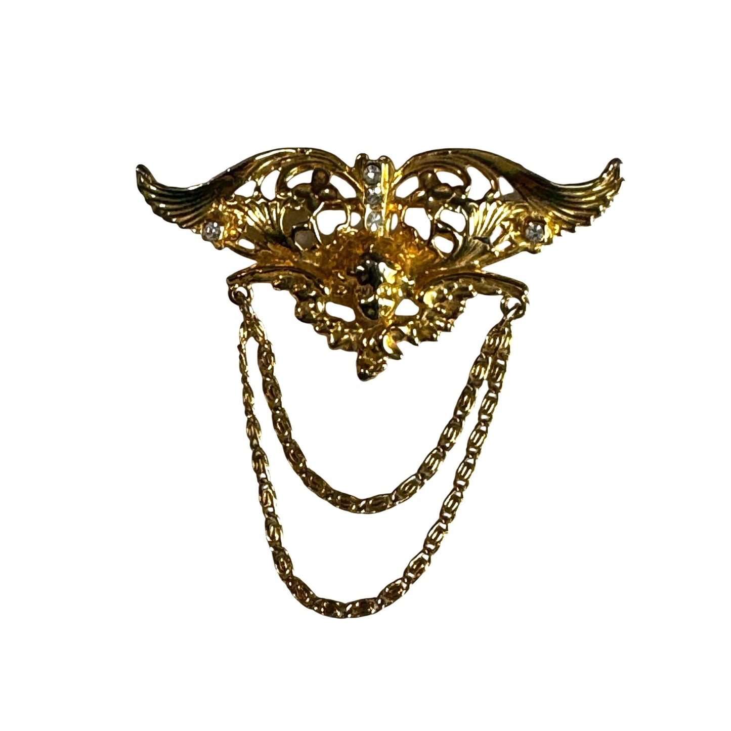 Vintage Angel Cherub Wings Brooch Gold-Tone Double Chains 3" x 3"