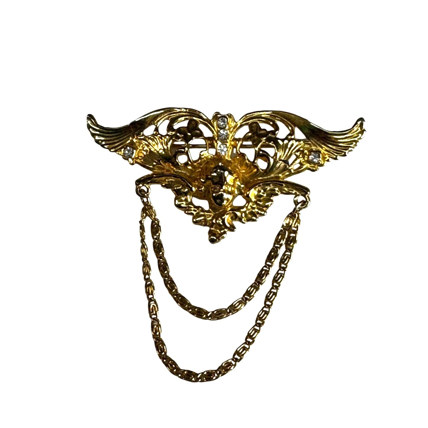 Vintage Angel Cherub Wings Brooch Gold-Tone Double Chains 3" x 3"