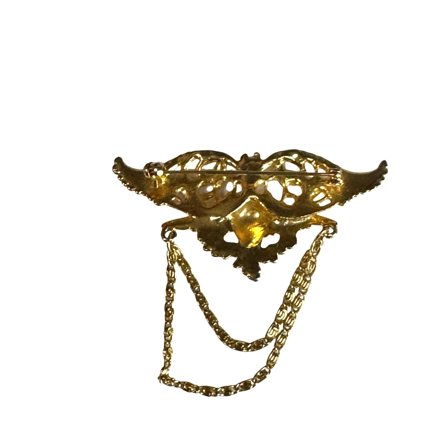 Vintage Angel Cherub Wings Brooch Gold-Tone Double Chains 3" x 3"