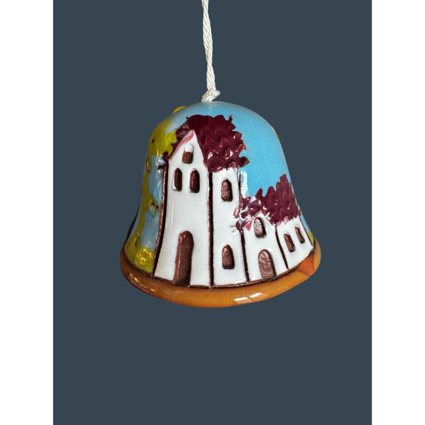 Hand Painted Pottery Bell Ornament Mountain Village Scene Folk Art 1 1/8"