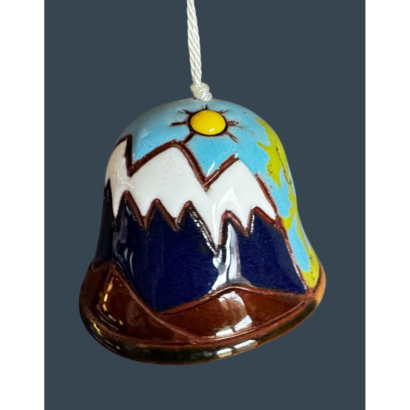 Hand Painted Pottery Bell Ornament Mountain Village Scene Folk Art 1 1/8"