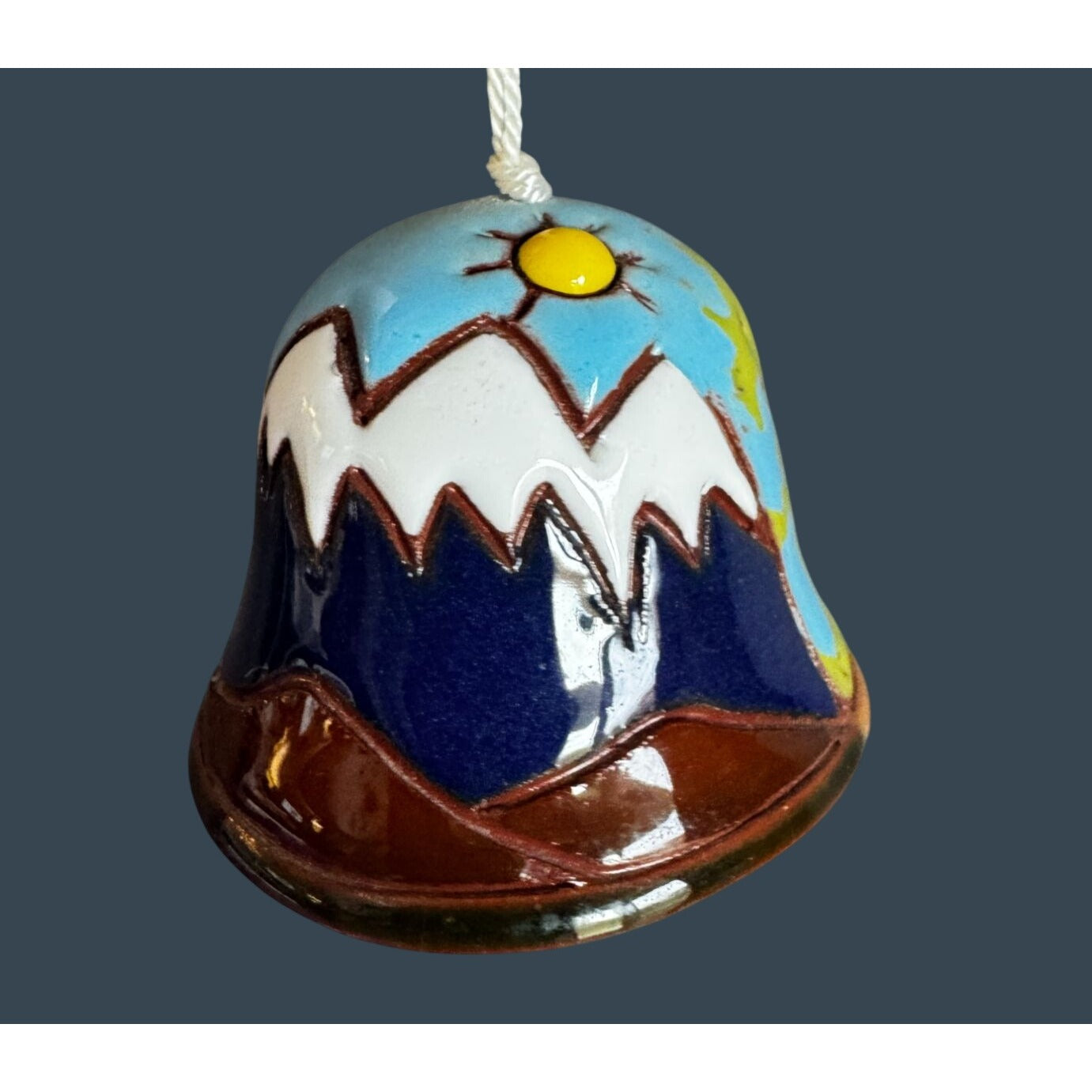 Hand Painted Pottery Bell Ornament Mountain Village Scene Folk Art 1 1/8"
