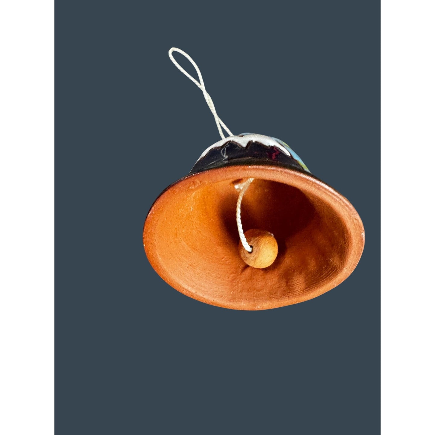 Hand Painted Pottery Bell Ornament Mountain Village Scene Folk Art 1 1/8"