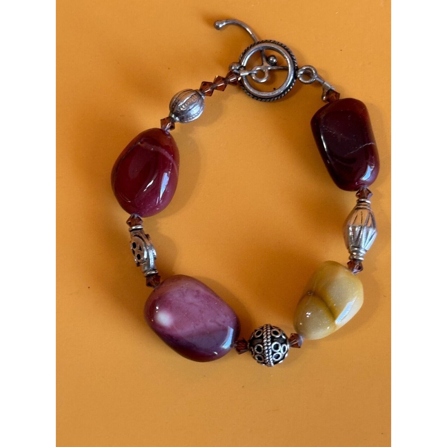 Artisan Gemstone Mookite Jasper Orca Agate Canelian Stone Silverplate Bracelet