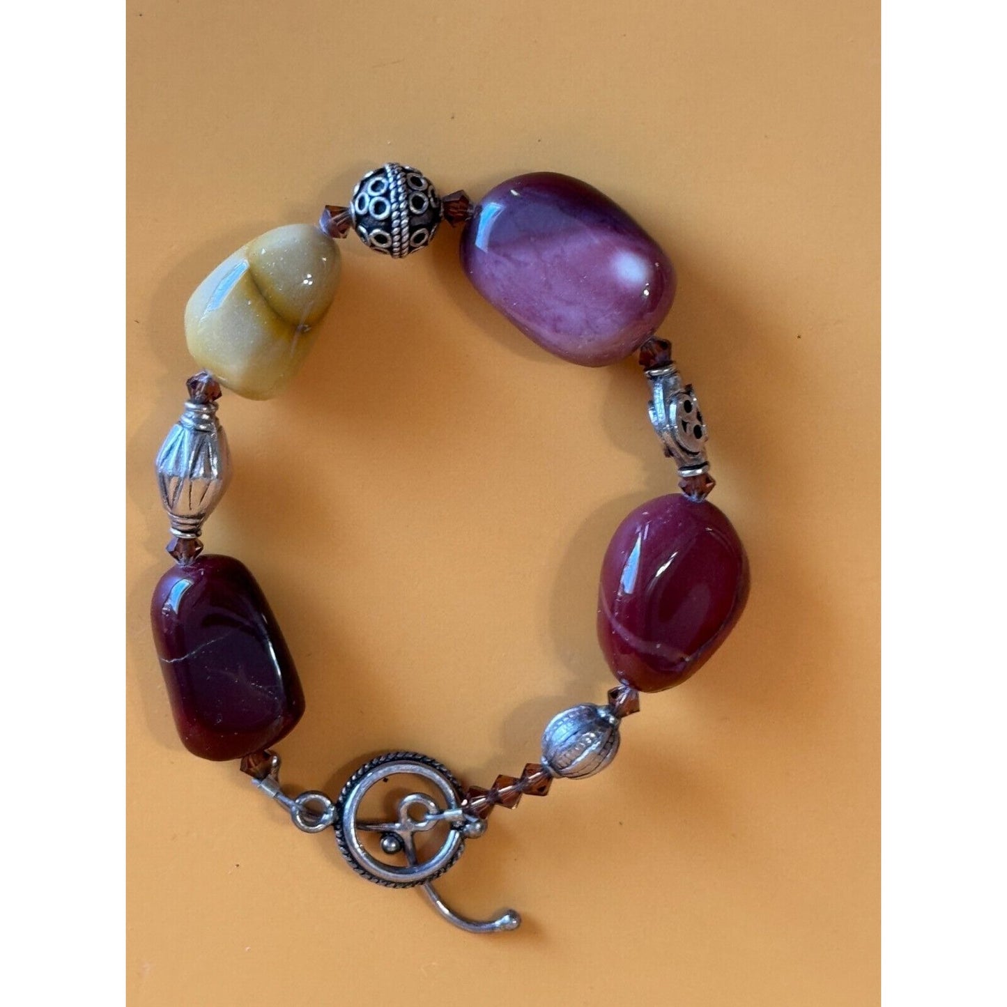 Artisan Gemstone Mookite Jasper Orca Agate Canelian Stone Silverplate Bracelet