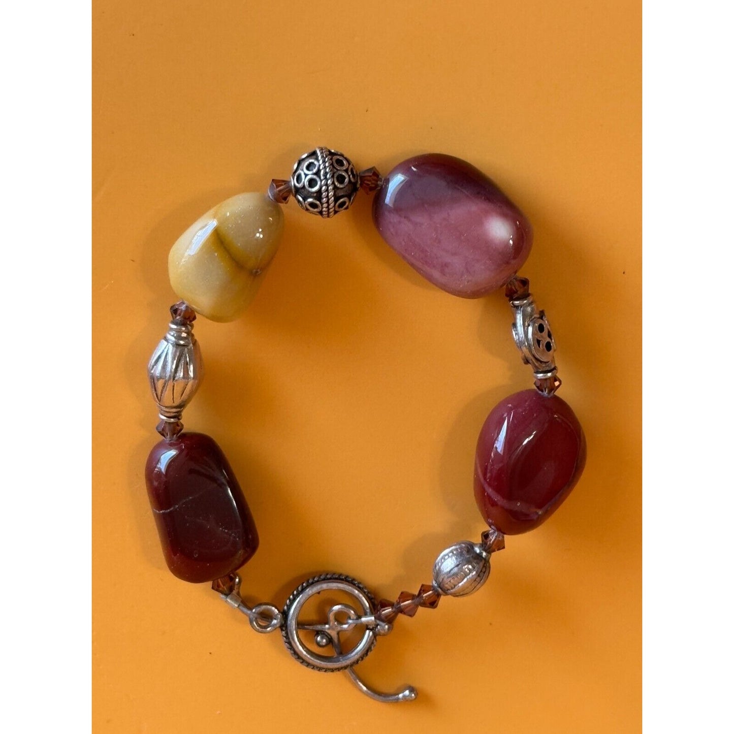 Artisan Gemstone Mookite Jasper Orca Agate Canelian Stone Silverplate Bracelet