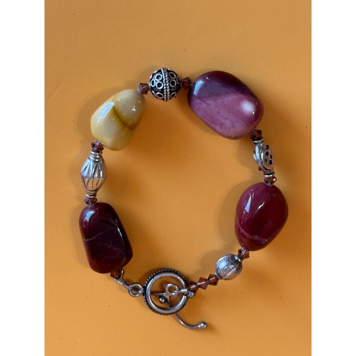 Artisan Gemstone Mookite Jasper Orca Agate Canelian Stone Silverplate Bracelet