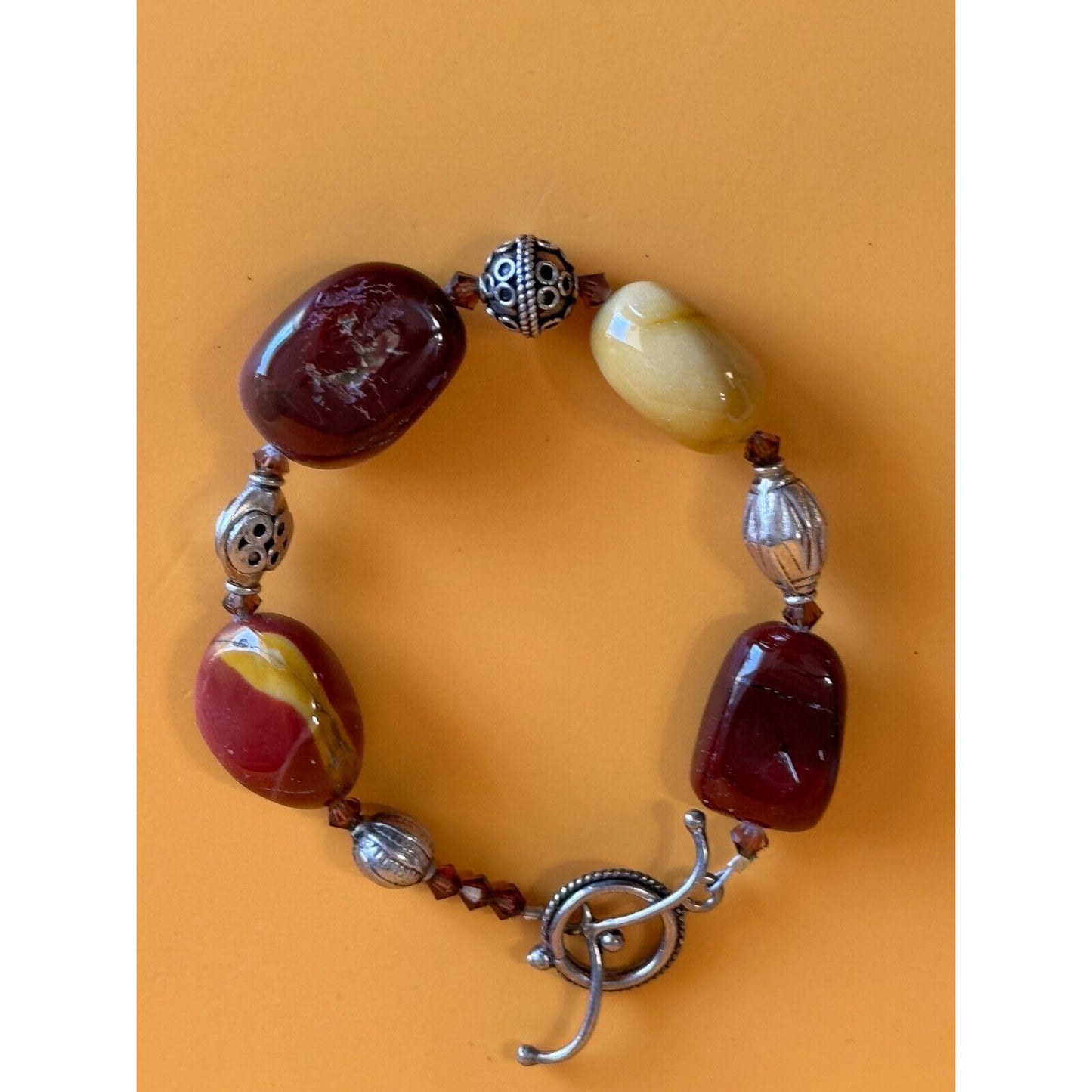 Artisan Gemstone Mookite Jasper Orca Agate Canelian Stone Silverplate Bracelet