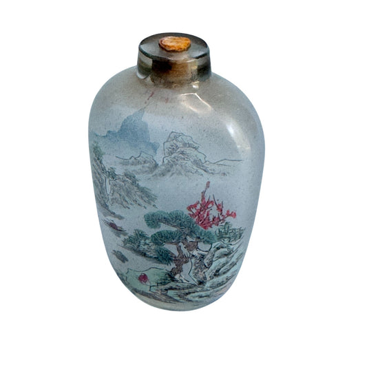 Hand-Painted Reverse Glass Chinese Snuff Bottle With Scenic Landscape Design & Cork Seal
