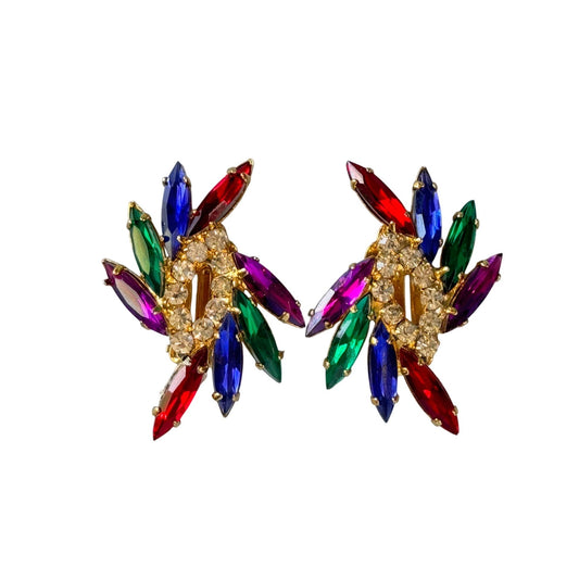 Vintage Multicolor Rhinestone Clip-On Earrings 1 1/2" Gold Tone Finish