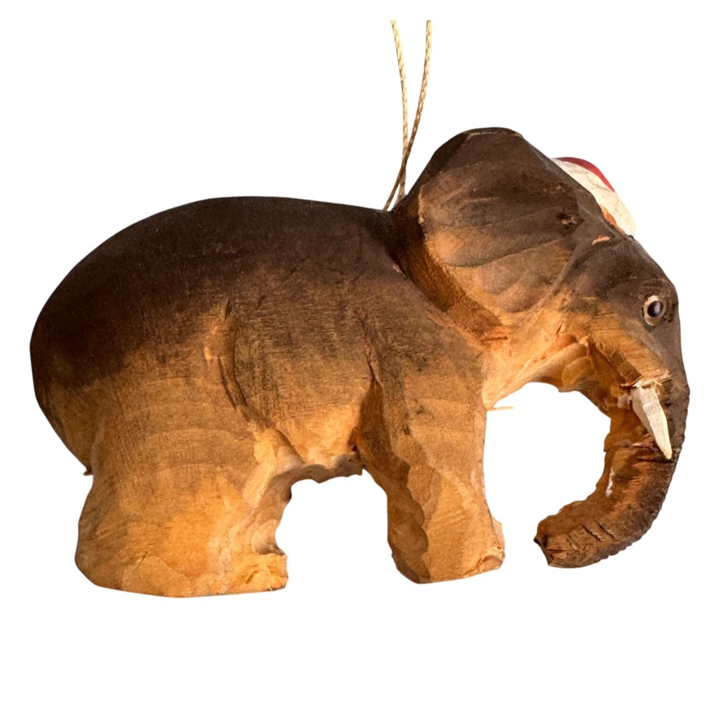 Hand-Carved Balsa Wood Elephant Ornament With Red Cap