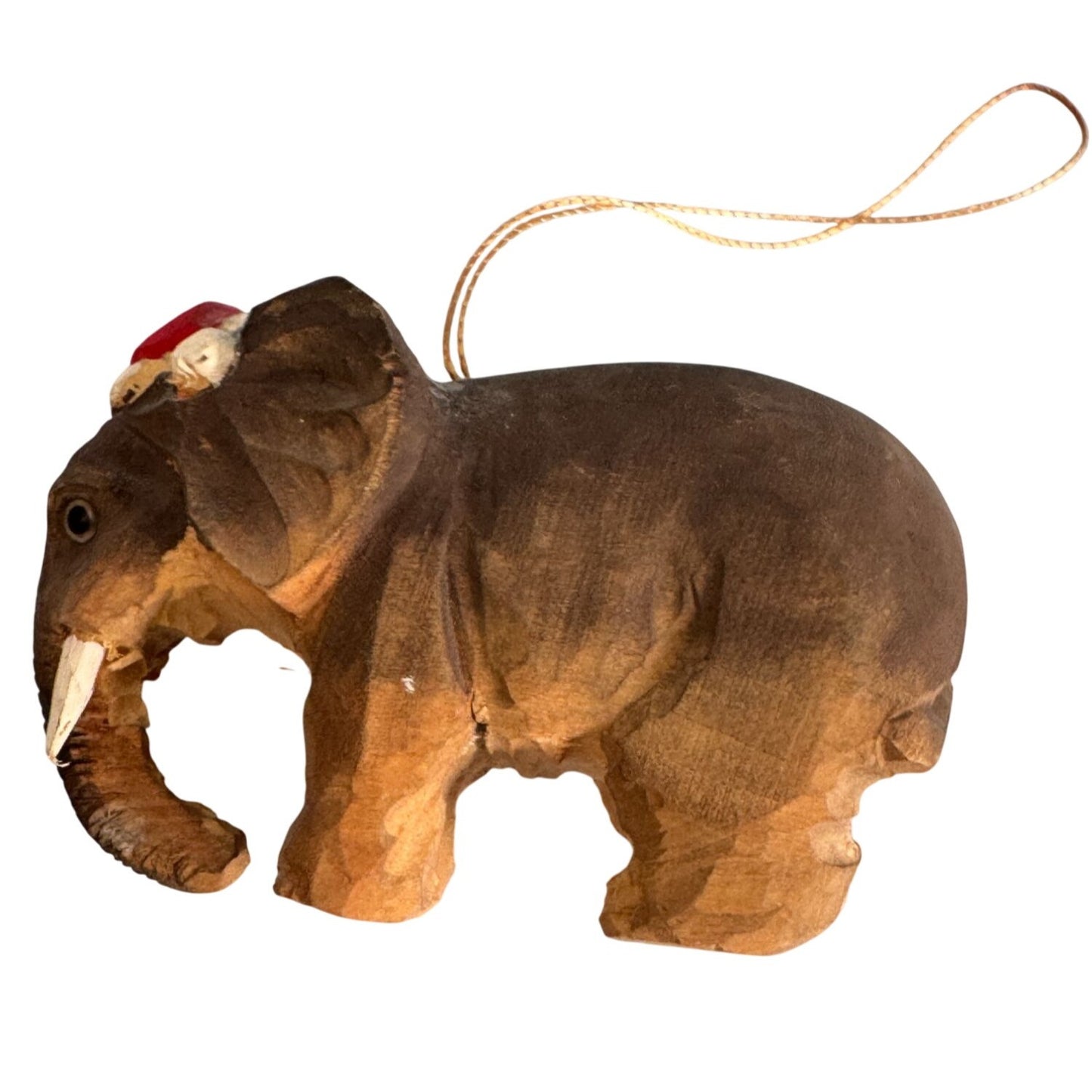 Hand-Carved Balsa Wood Elephant Ornament With Red Cap