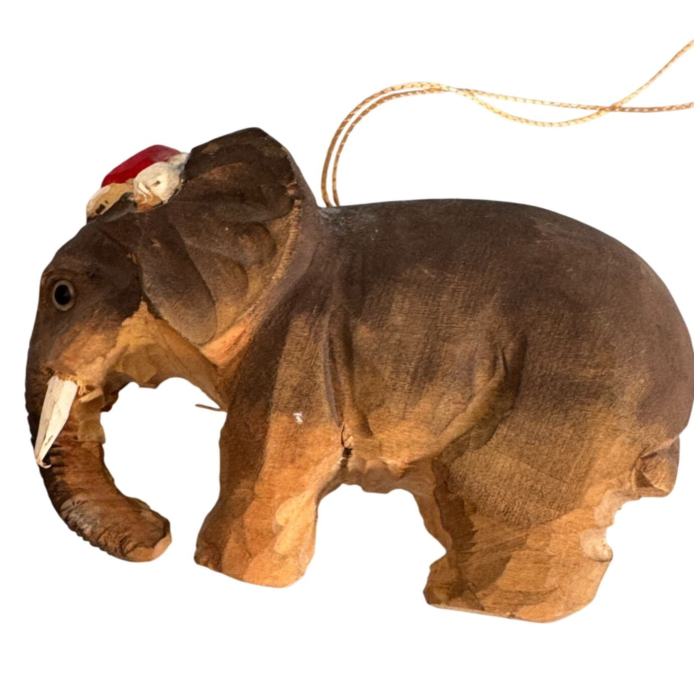 Hand-Carved Balsa Wood Elephant Ornament With Red Cap