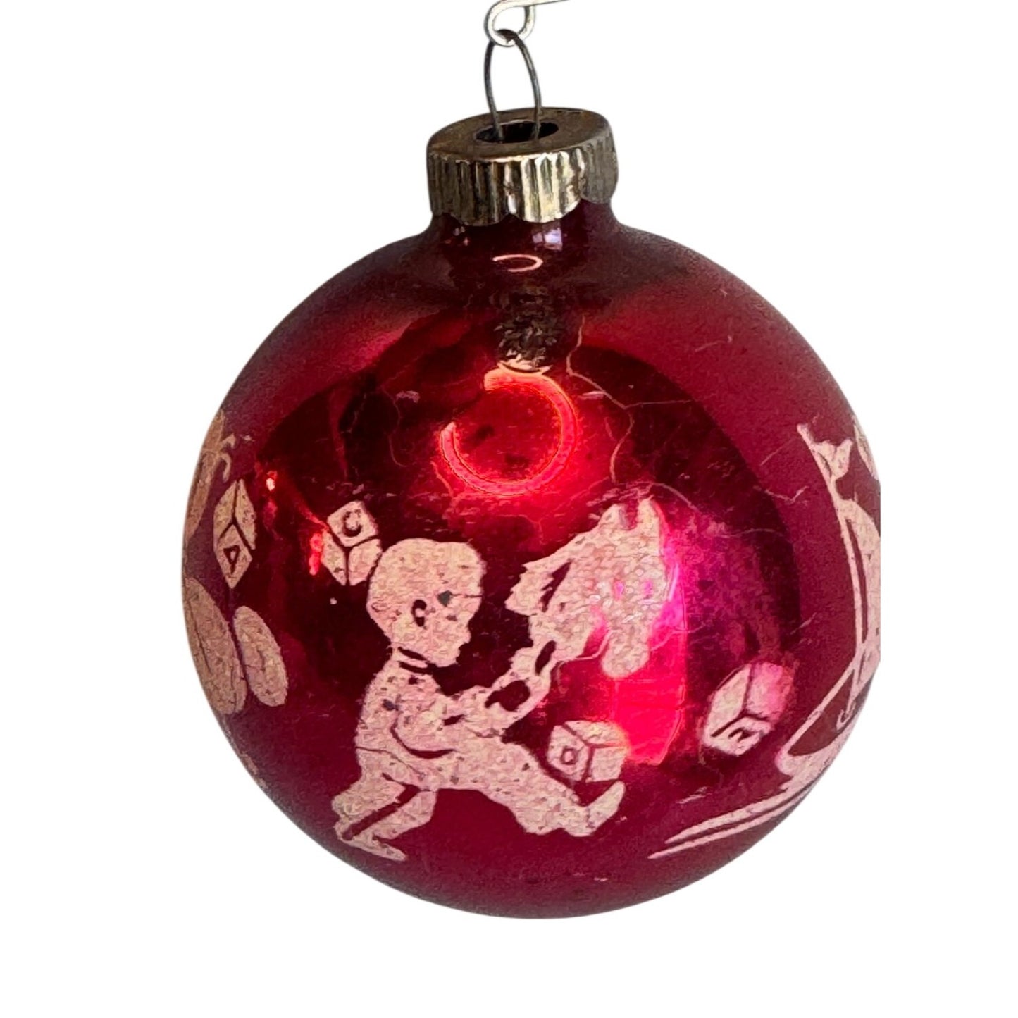 Shiny Brite Glass Ball Ornament Red Bears Blocks Drum 2 1/2 Inches