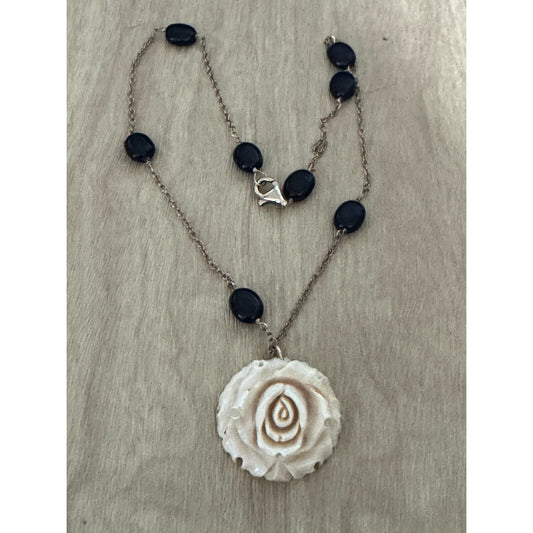 Carved Bison Bone Rose Pendant Necklace With Black Onyx Beads & Gold Chain