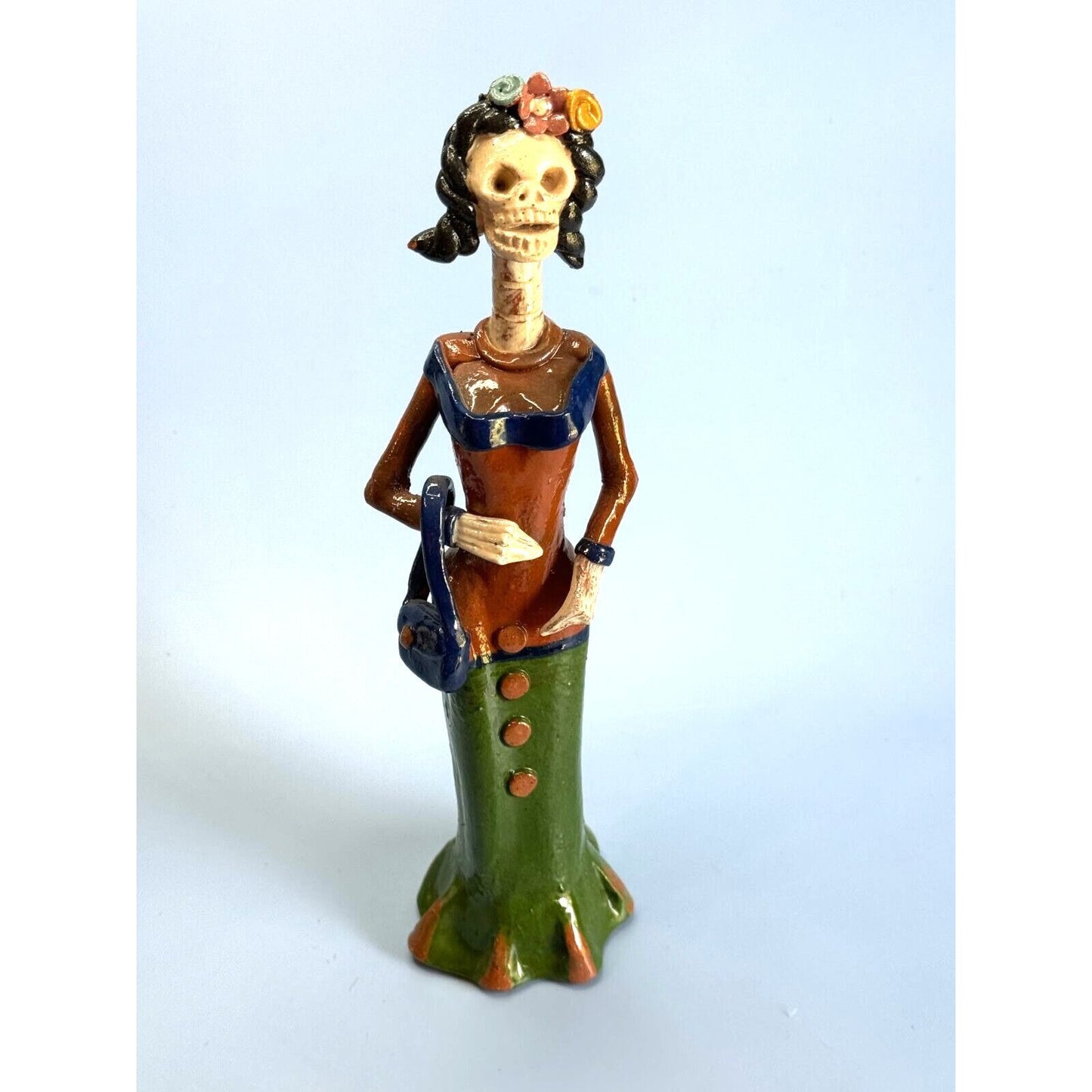 Catrina Frida Kahlo w Purse Day of the Dead Mexico Skeleton Folk Art Figure 10"