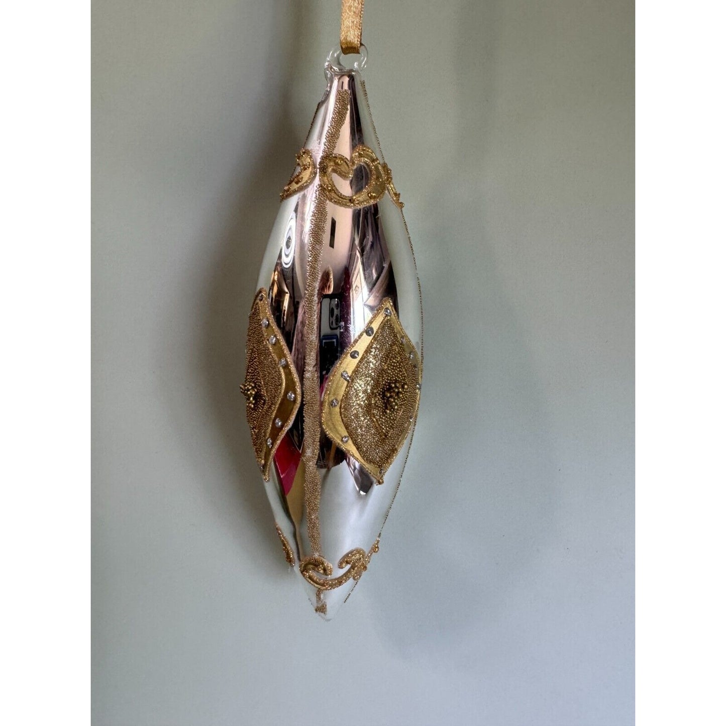 Large Blown Glass Silver Teardrop Ornament With Gold Glass Beading Accents 8 1/2