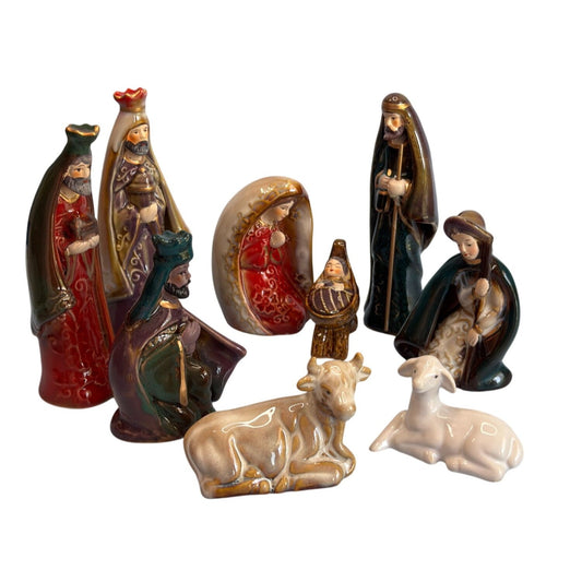 Vintage 9 Pc Nativity Set Porcelain Japan Multicolor Tallest Piece 6 Inches