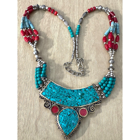 Southwestern Tribal Necklace With Red & Turquoise Howlite Stones Micro Mosaic 19"