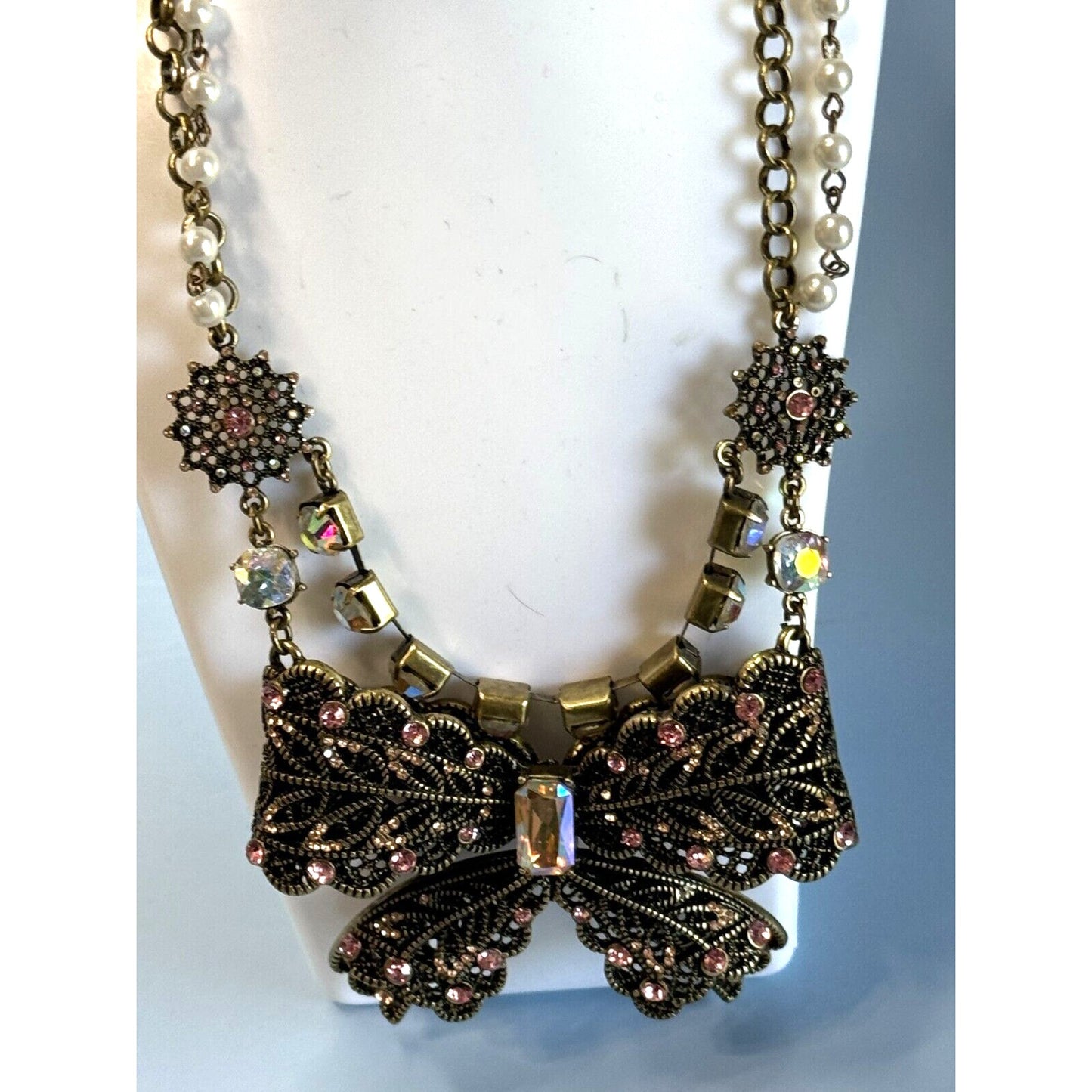 Vintage Betsey Johnson Statement Chunky Jeweled Bow Necklace Double Strand Pearl & Chain Design