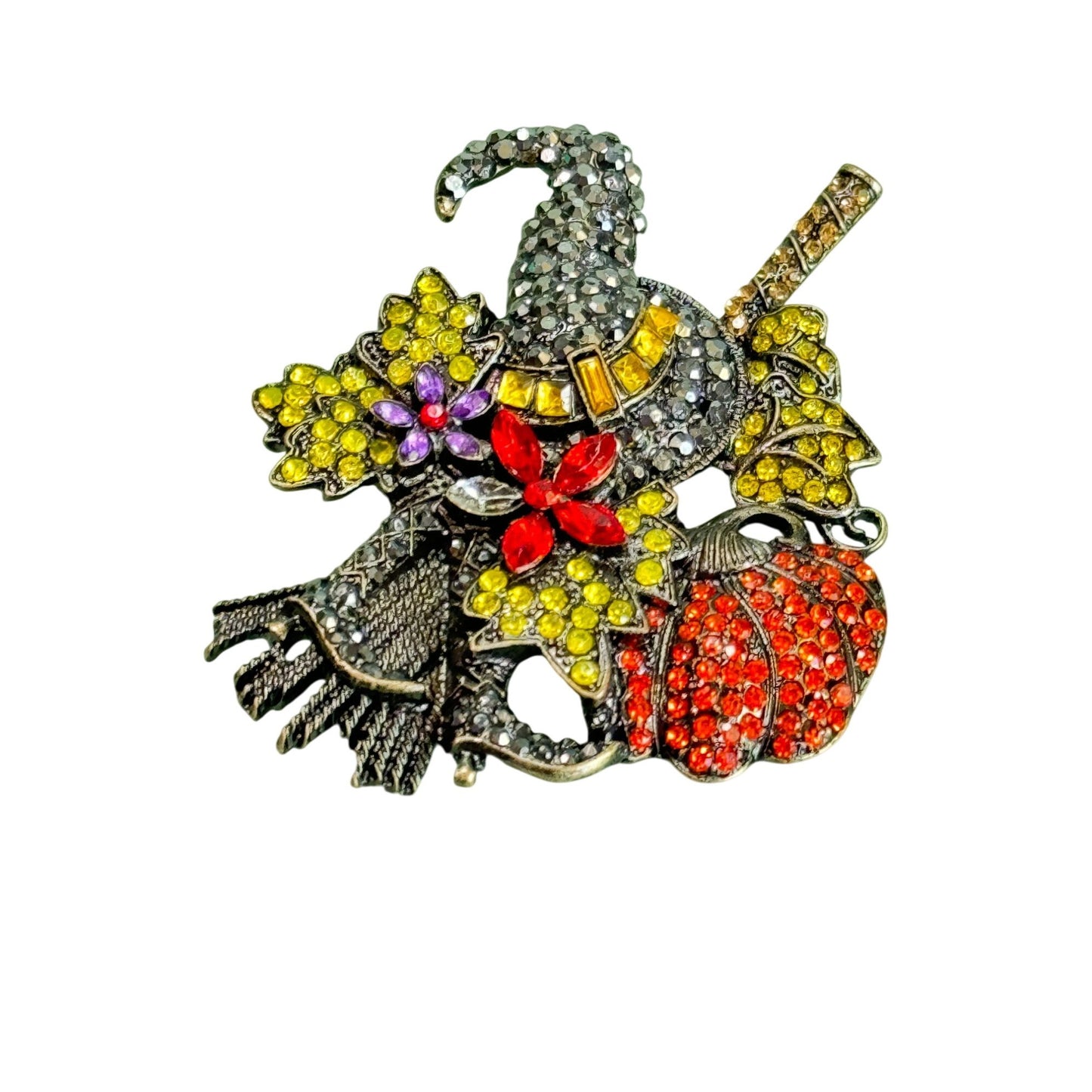 Halloween Witch Hat Brooch With Broom Pumpkin & Floral Accents Rhinestones  3 1/2" x 2 1/2"