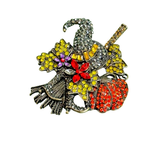 Halloween Witch Hat Brooch With Broom Pumpkin & Floral Accents Rhinestones  3 1/2" x 2 1/2"