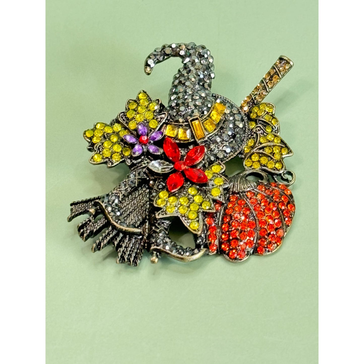 Halloween Witch Hat Brooch With Broom Pumpkin & Floral Accents Rhinestones  3 1/2" x 2 1/2"
