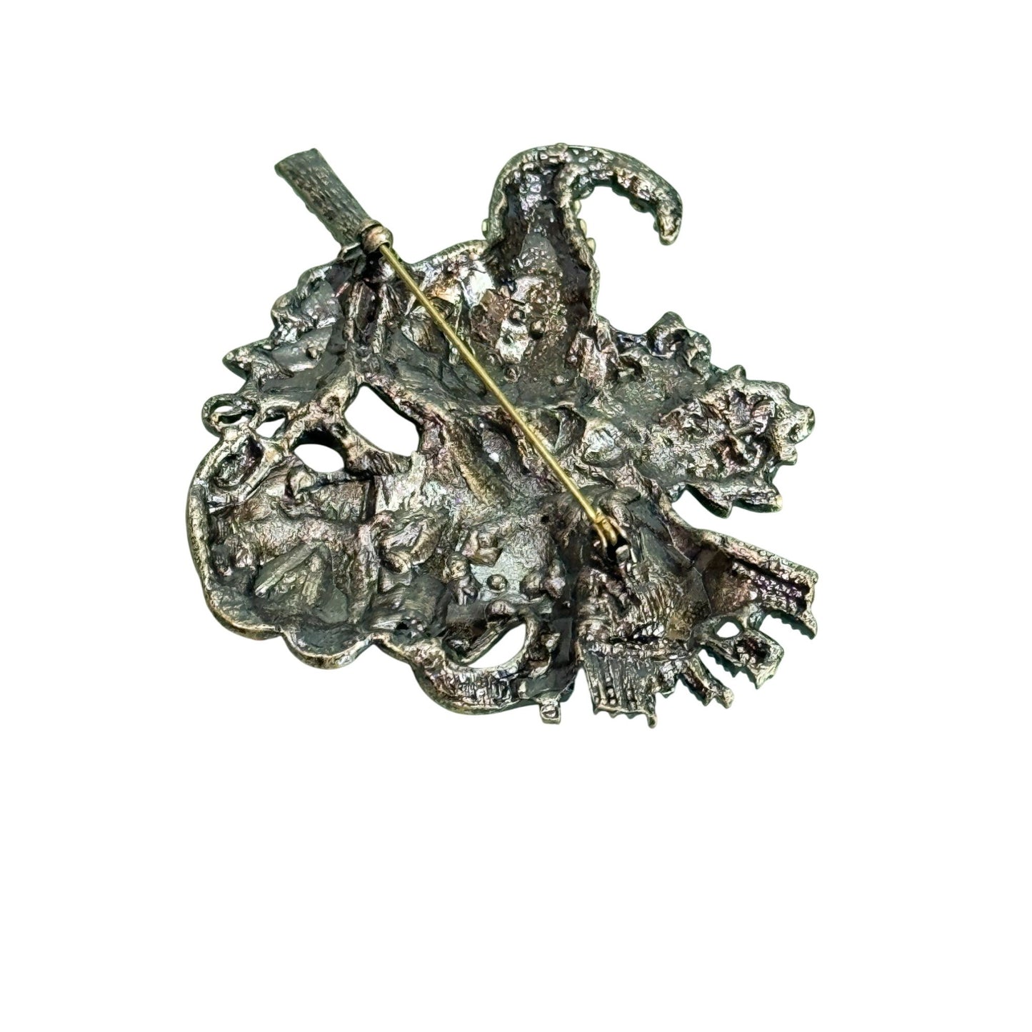 Halloween Witch Hat Brooch With Broom Pumpkin & Floral Accents Rhinestones  3 1/2" x 2 1/2"