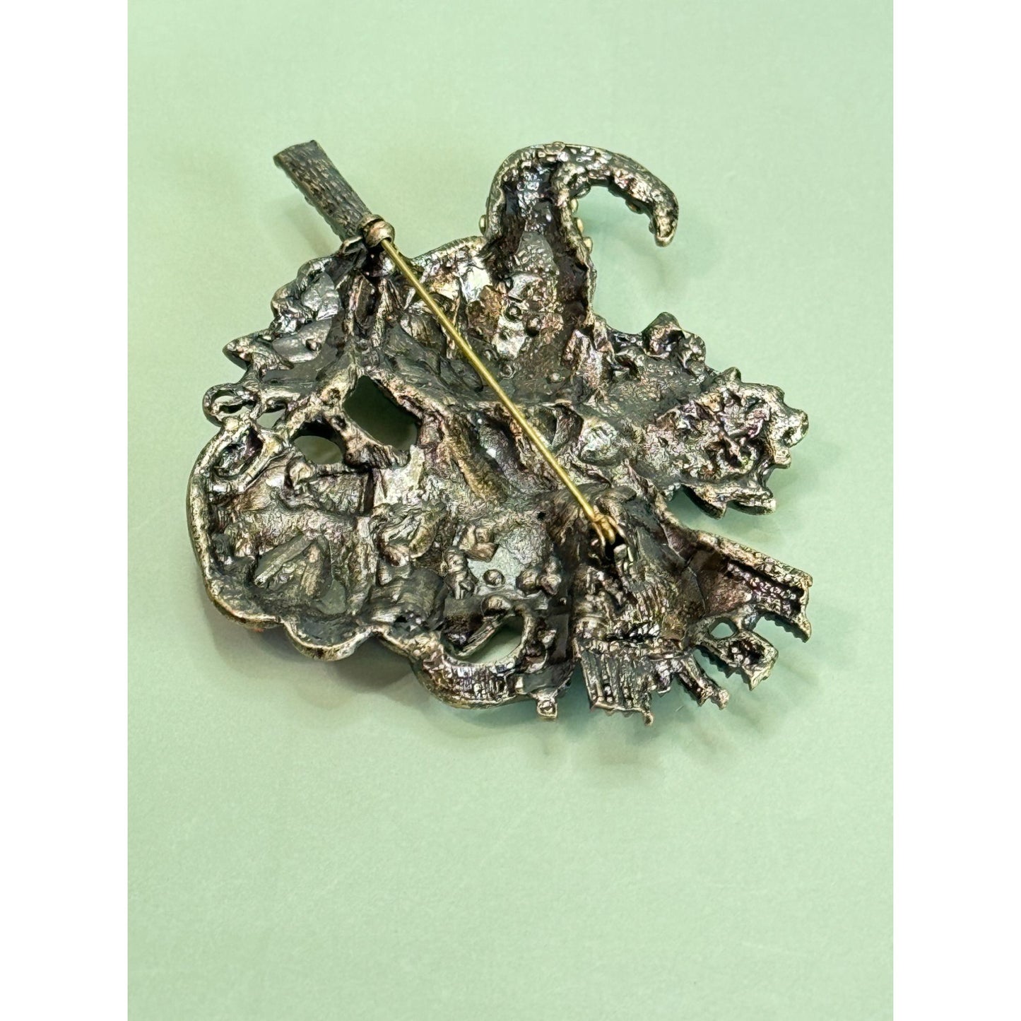 Halloween Witch Hat Brooch With Broom Pumpkin & Floral Accents Rhinestones  3 1/2" x 2 1/2"
