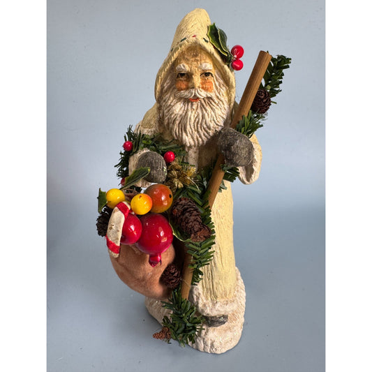 Vintage Folk Art Santa Figurine 7.5" Hand-Painted Resin With Sack & Garland