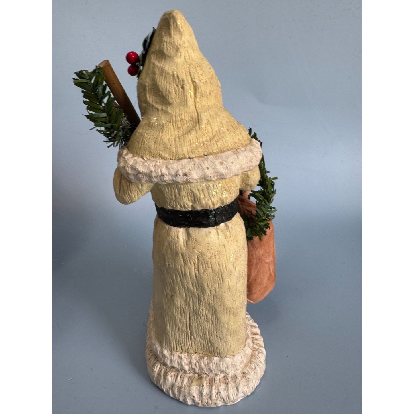 Vintage Folk Art Santa Figurine 7.5" Hand-Painted Resin With Sack & Garland