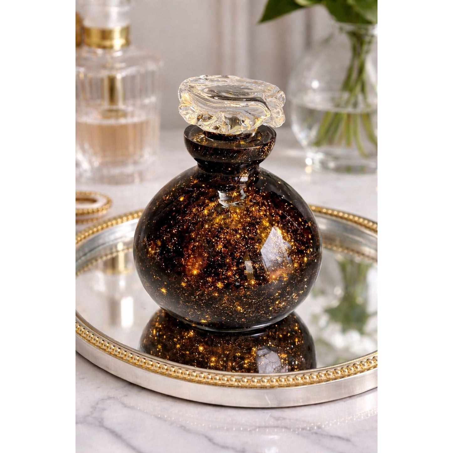 Vintage Art Glass Perfume Bottle Gold Fleck Aventurine Style 4.5" x 3" With Stopper