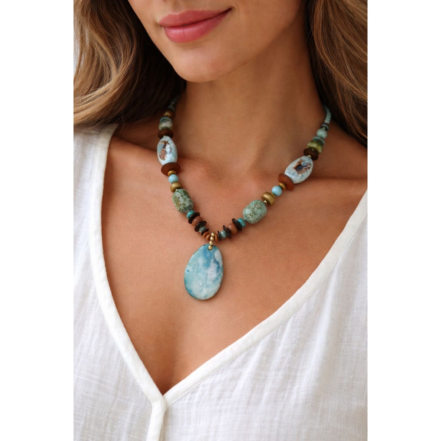 Boho Turquoise Chunky Necklace Stone Pendant Ceramic Bead Adjustable 26in