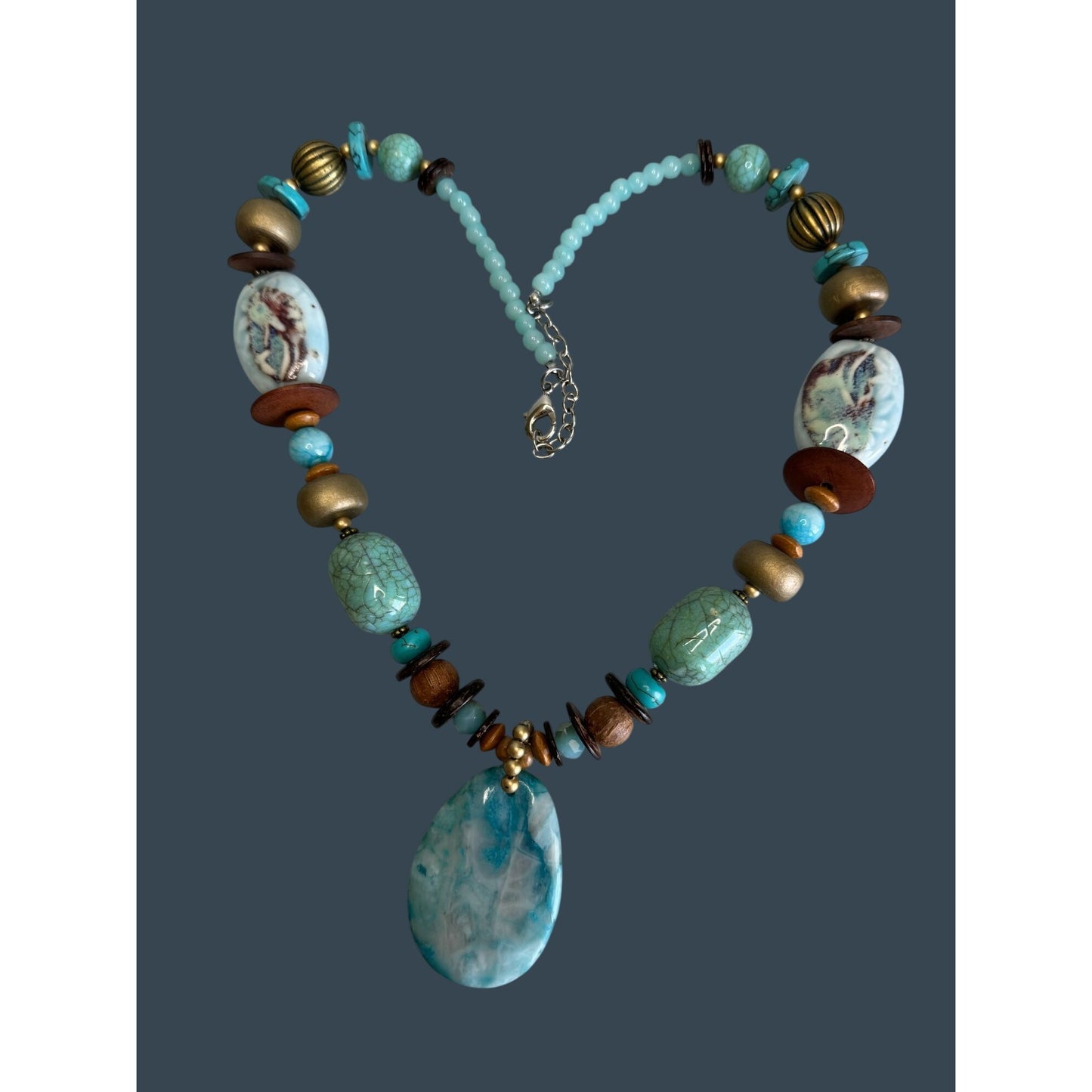 Boho Turquoise Chunky Necklace Stone Pendant Ceramic Bead Adjustable 26in