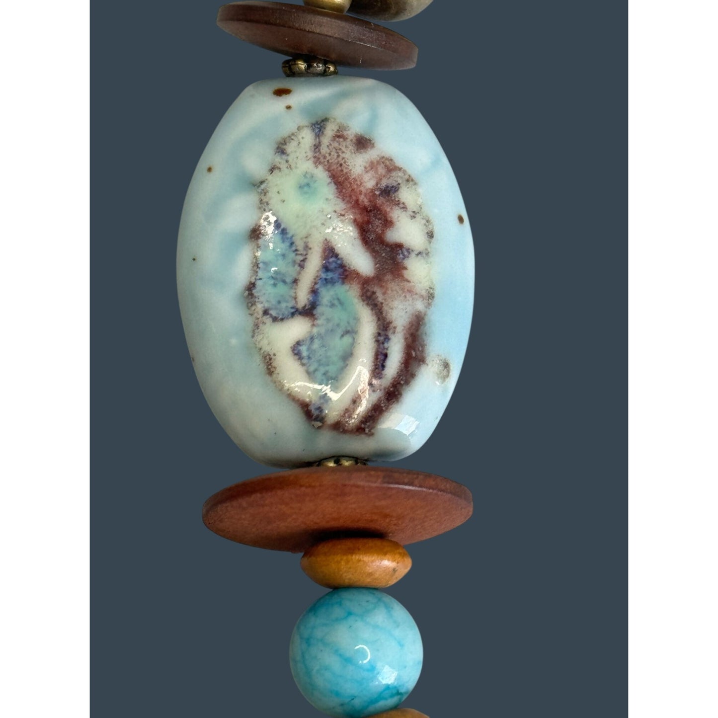 Boho Turquoise Chunky Necklace Stone Pendant Ceramic Bead Adjustable 26in