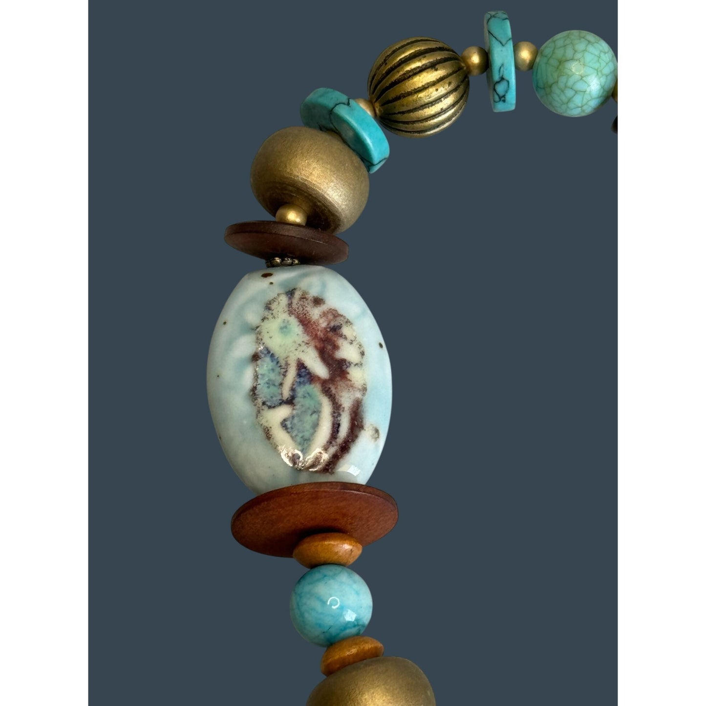 Boho Turquoise Chunky Necklace Stone Pendant Ceramic Bead Adjustable 26in