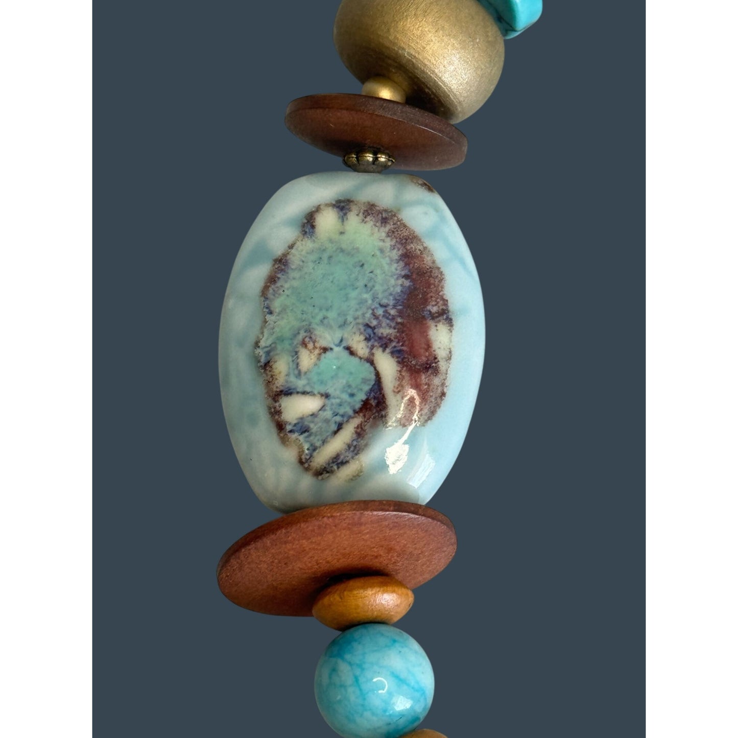 Boho Turquoise Chunky Necklace Stone Pendant Ceramic Bead Adjustable 26in