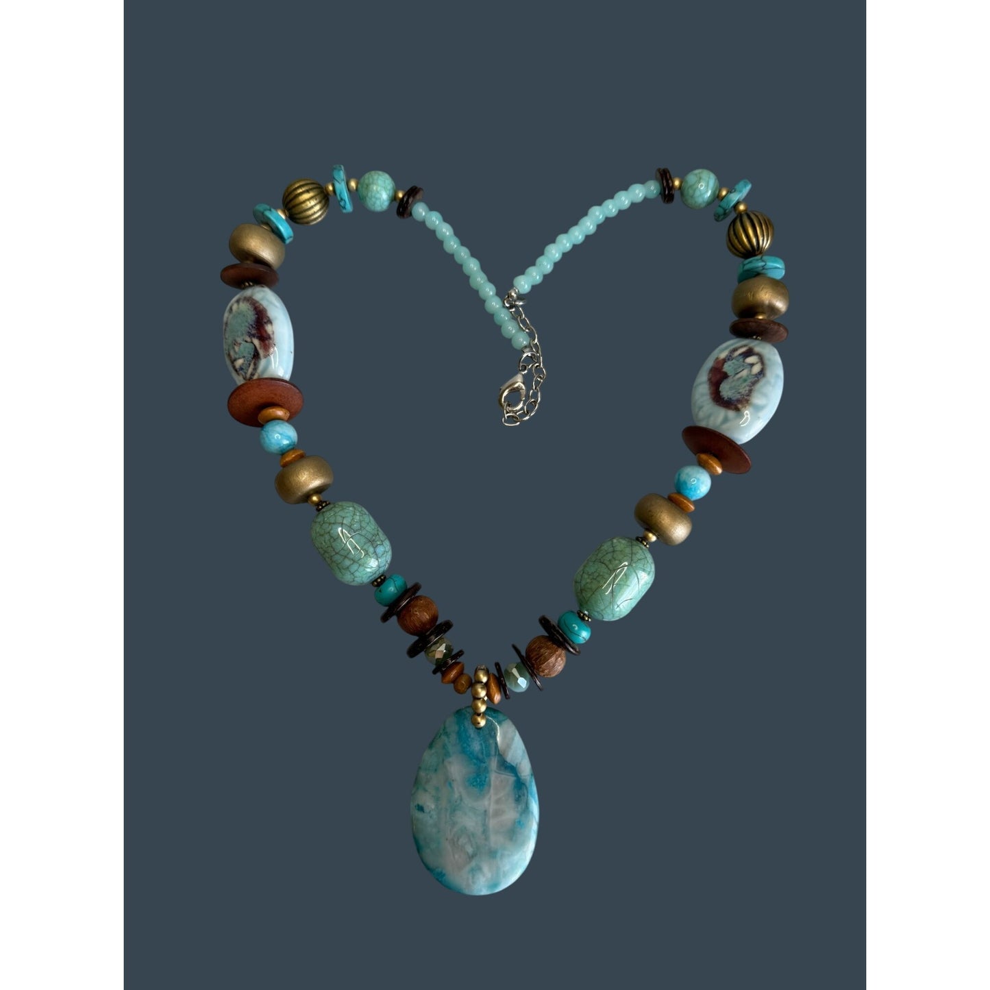 Boho Turquoise Chunky Necklace Stone Pendant Ceramic Bead Adjustable 26in