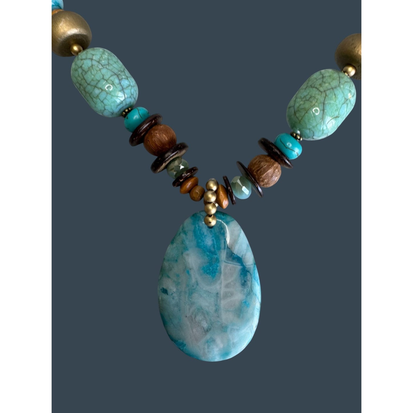 Boho Turquoise Chunky Necklace Stone Pendant Ceramic Bead Adjustable 26in
