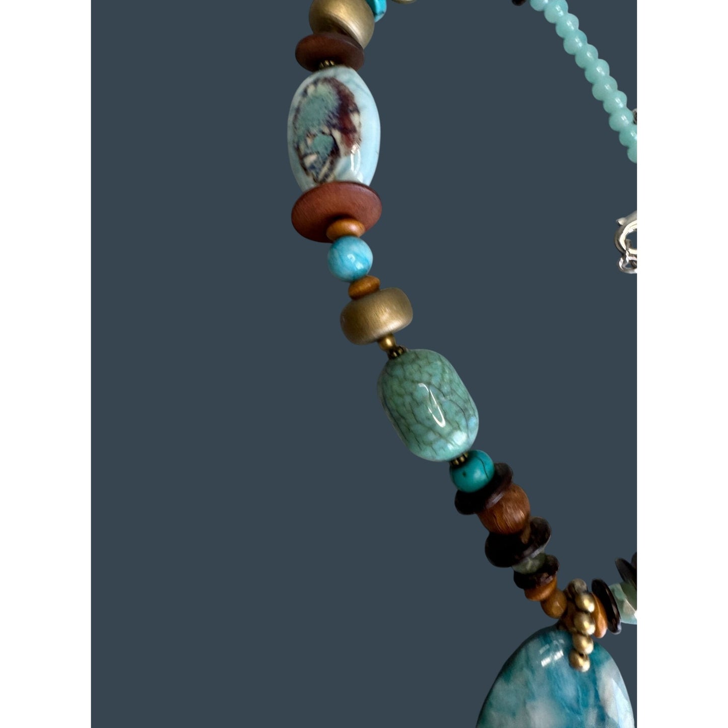 Boho Turquoise Chunky Necklace Stone Pendant Ceramic Bead Adjustable 26in