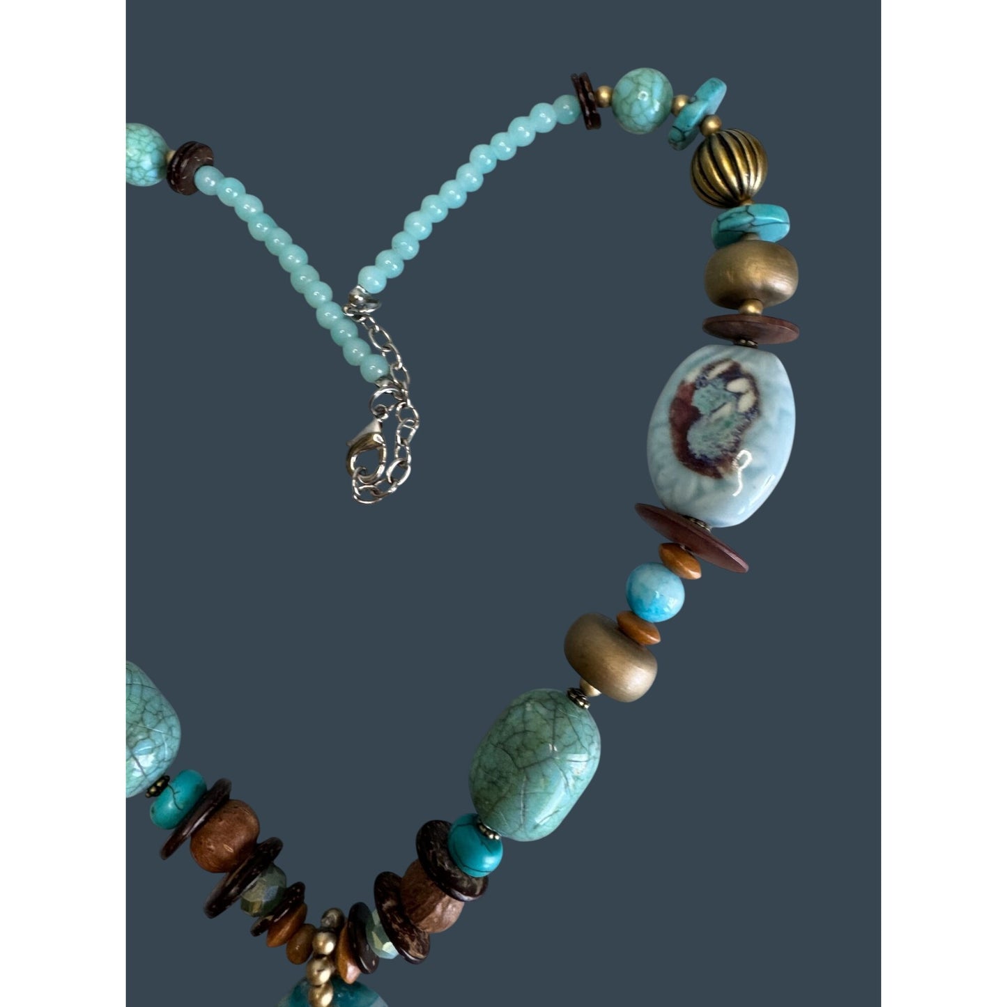 Boho Turquoise Chunky Necklace Stone Pendant Ceramic Bead Adjustable 26in