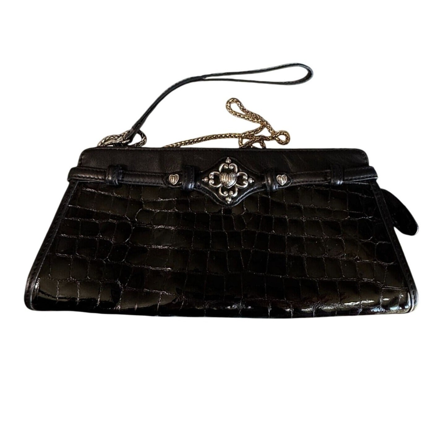 Brighton Black Croc Embossed Leather Clutch Crossbody Purse Silver Heart Medallion 10.5"