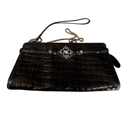 Brighton Black Croc Embossed Leather Clutch Crossbody Purse Silver Heart Medallion 10.5"