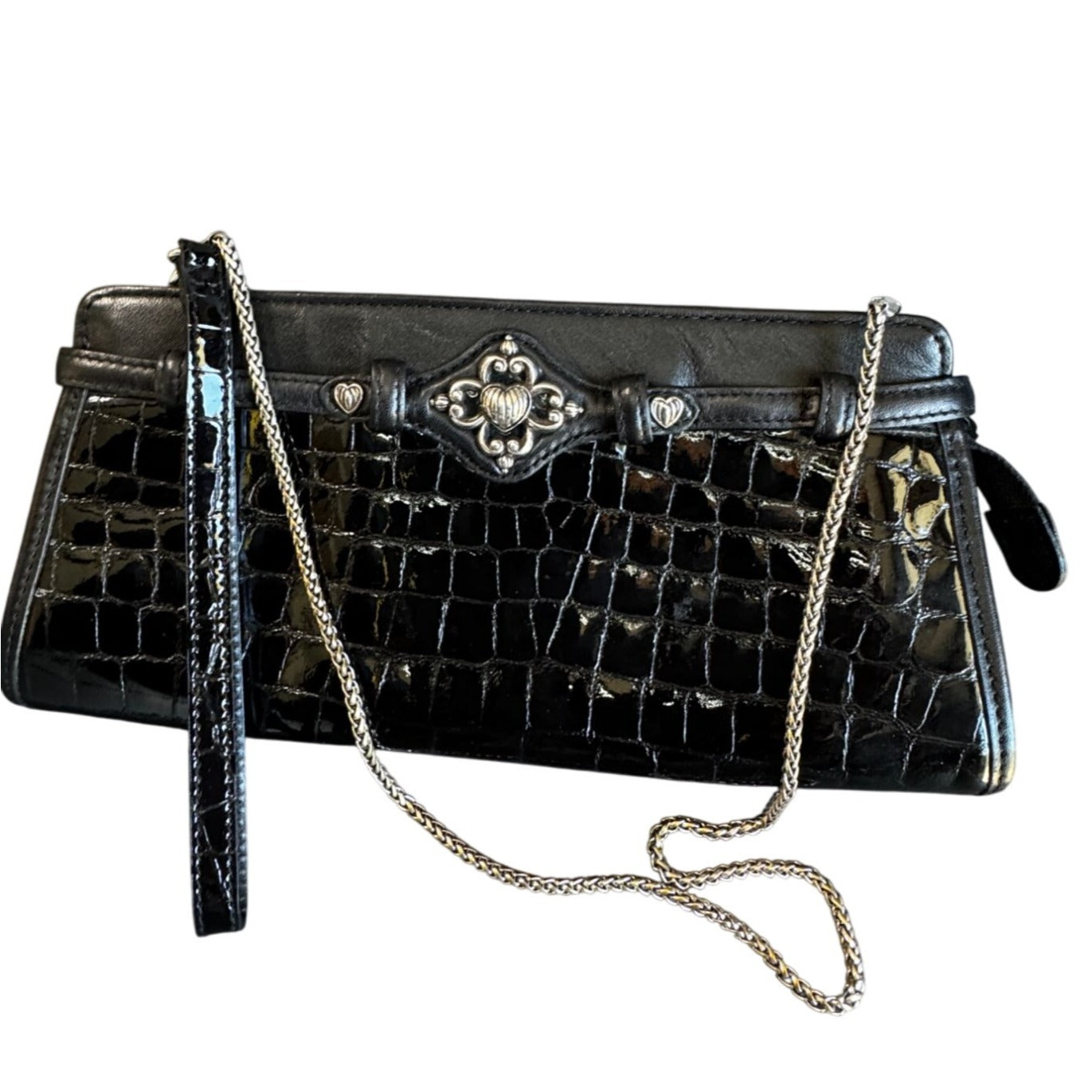 Brighton Black Croc Embossed Leather Clutch Crossbody Purse Silver Heart Medallion 10.5"