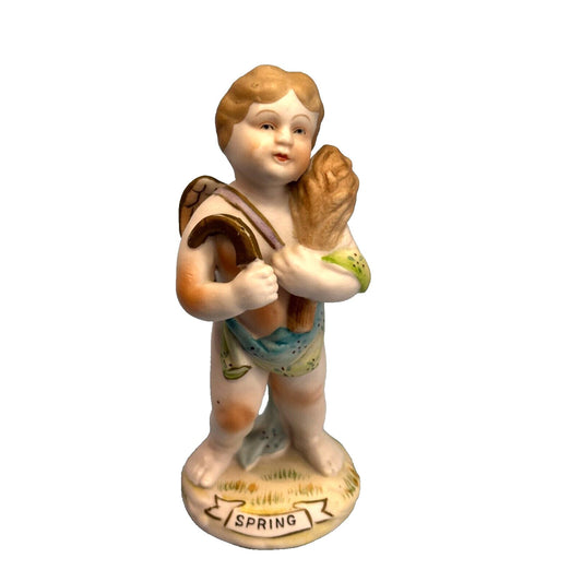 Vintage Hand Painted Porcelain Cherub Figurine Titled "Spring" Germany C1940
